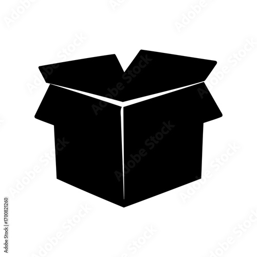 A stark and minimalistic representation of an open cardboard box in silhouette