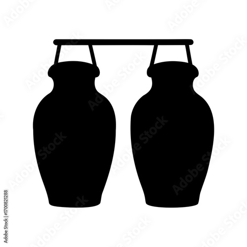 Monochrome Silhouette of Two Earthenware Jars Suspended from a Wooden Beam