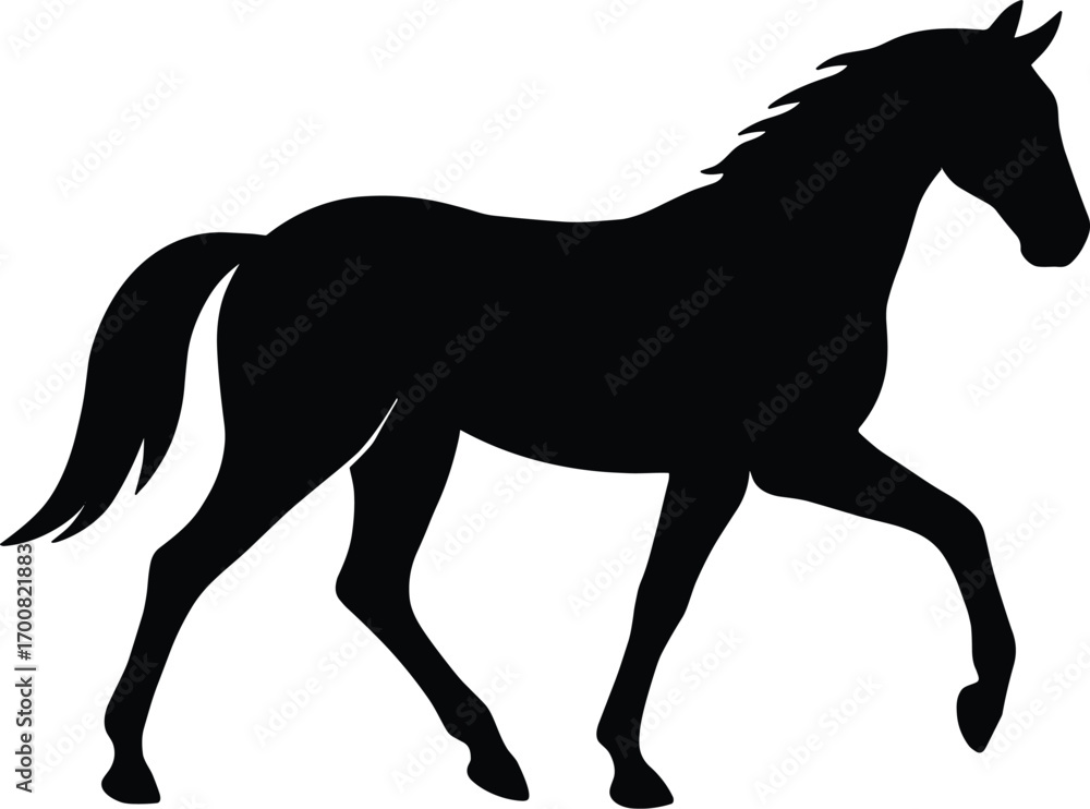 Fototapeta premium vector silhouette, trotting horse mid-step, lifted foreleg, side view, solid black