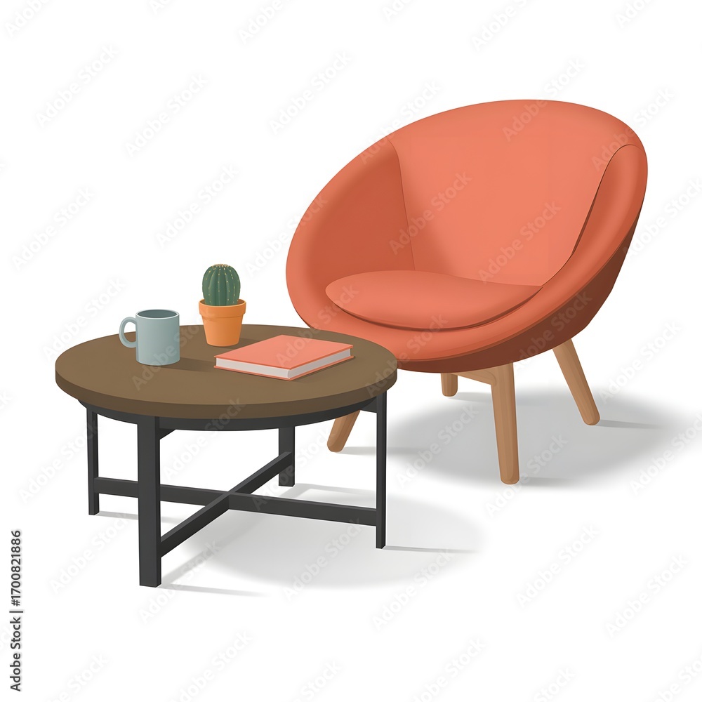 Fototapeta premium Cozy living room scene with an orange chair and coffee table illustration art