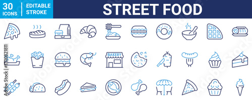 Fast Food Related Vector Line Icons. Street food. Contains such Icons as Pizza, Tacos, Chips and more. Editable Stroke.