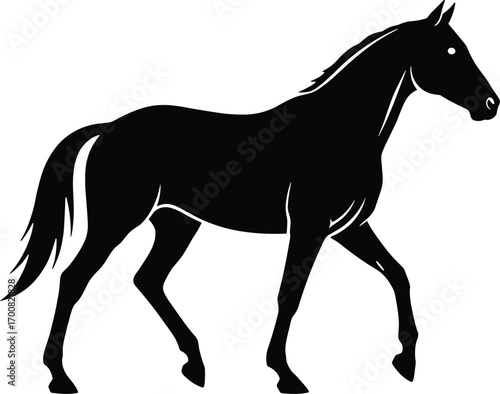 vector silhouette, trotting horse mid-step, lifted foreleg, side view, solid black