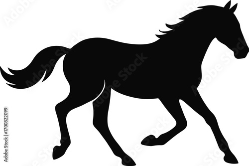 vector silhouette, trotting horse mid-step, lifted foreleg, side view, solid black