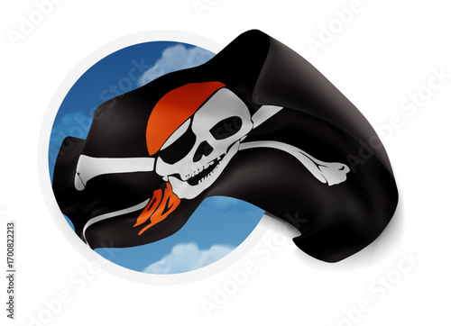 Pirate, vector 3d flag against a blue sky, through a round hole on a white background