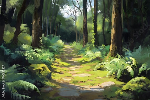 Shaded woodland trail with soft, green moss covering the path, surrounded by ferns and tall trees 
