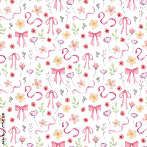 Watercolor seamless pattern with flowers and bows in pink tones. Delicate botanical and decorative illustration