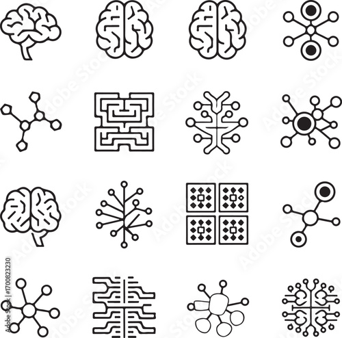 Vector art of artificial intelligence line icons set contains such icons as brain, chip, circuit, ai, technology, network, machine learning