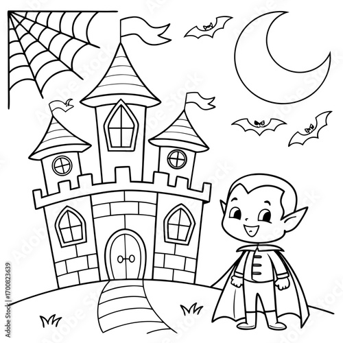Halloween coloring page vector with a vampire standing in front of a spooky castle, surrounded by bats, crescent moon, and spiderwebs. Outline style for children’s coloring page 