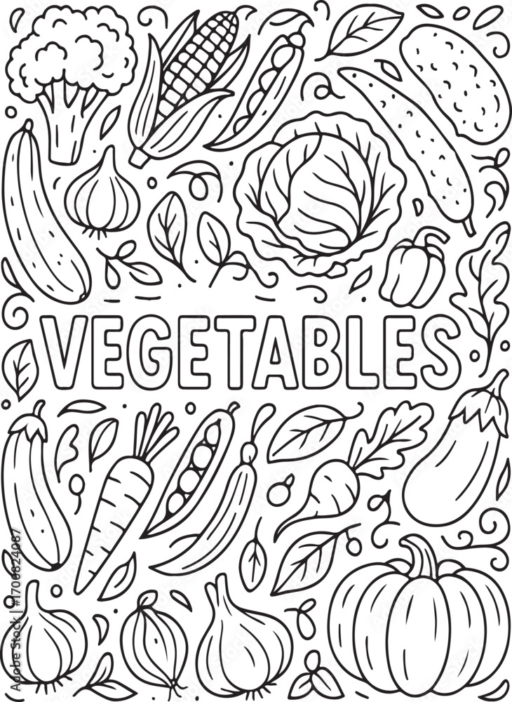 Obraz premium vegetables cartoon outline hand drawn Line Art illustration doodle art coloring page for kids