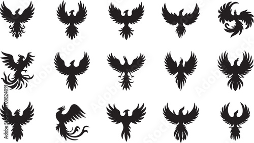 Vector art of collection of phoenix bird silhouettes, offering various stylized designs suitable for tattoo, logo, or graphic element needs
