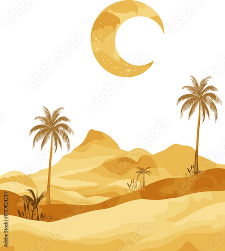 watercolor artwork depicts golden desert dunes with palm trees, mountains, and a crescent moon in the sky.