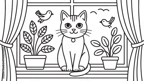 Charming Cat Sitting by the Window with Plants and Birds in a Black and White Style