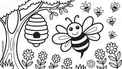 Cheerful Bee with Hive and Flowers Line Art Illustration on Transparent Backdrop Design