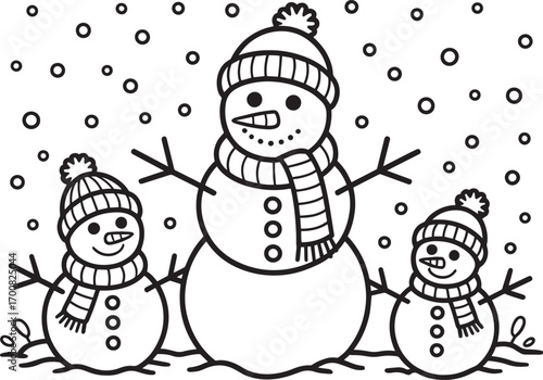 Cheerful Snowman Family with Scarves and Hats Outline Vector Illustration Design