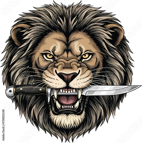Vector, illustration, lion's head biting a knife, poster, logo, background, printing, power,