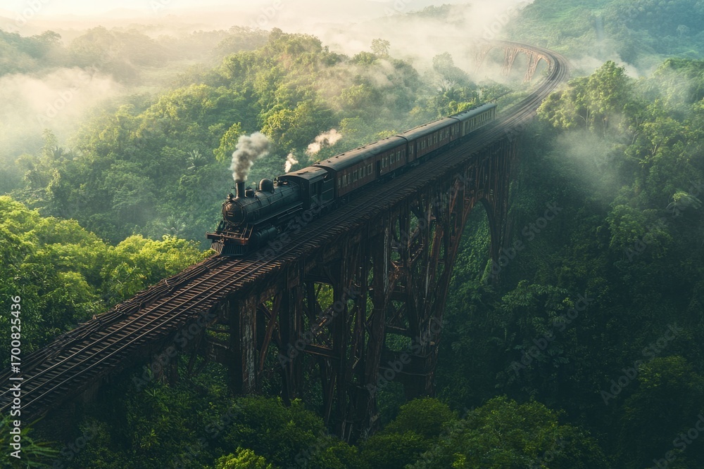 Fototapeta premium Vintage train travels through lush green mountains