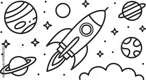 Cosmic Voyage Awaits Line Art Rocket Ship Planets Stars Space Exploration Adventure Design