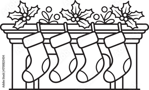 Cozy Fireplace Stockings Hanging Mantle Outline Illustration Home Decor Festive Season