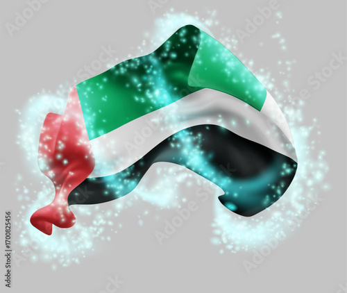 United Arab Emirates, vector 3d flag in whirlwind of magical radiance