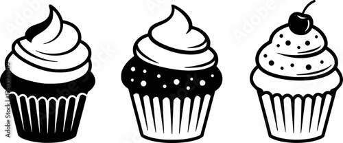 vector black and white cupcakes icons
