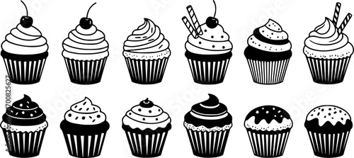 vector black and white cupcakes icons

