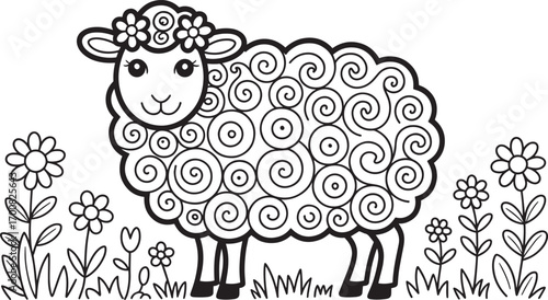 Delightful Sheep in Meadow Line Art Illustration with Flowers and Grass on Transparent Backdrop