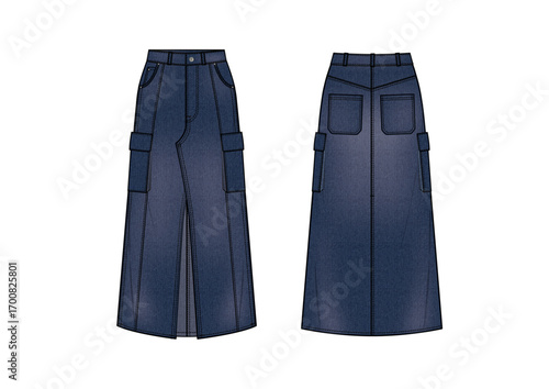 Women Fashion Denim Cargo Pockets Maxi Skirt with Wash Effect, Front & Back view, fashion flat sketch, Editable Flat Technical Drawings Illustration, Skirt Mockup, Skirt CAD