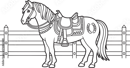 Detailed Horse Illustration with Fence Background for Farm and Animal Themed Projects