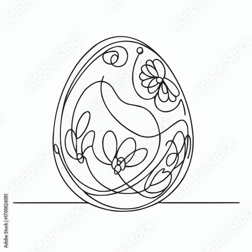 Decorative Easter egg with floral patterns in line art style  