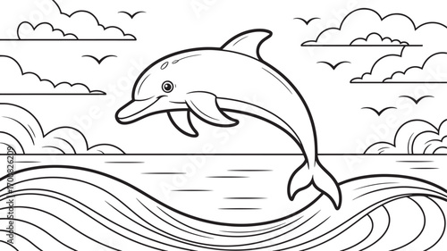 Dolphin in Ocean Coloring Page Outline Illustration with Waves and Clouds Design