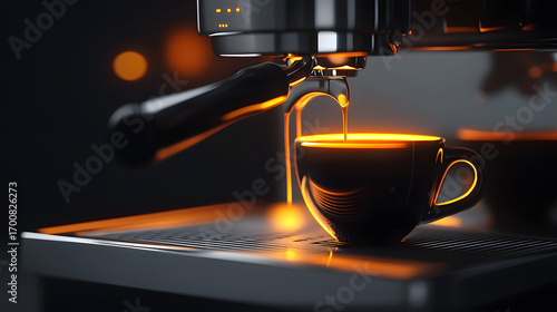 Sleek coffee machine with elegant design pours glowing cup of coffee, creating warm and inviting atmosphere