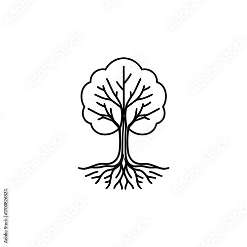 Simple line art illustration of a tree with visible roots and branches on a white background