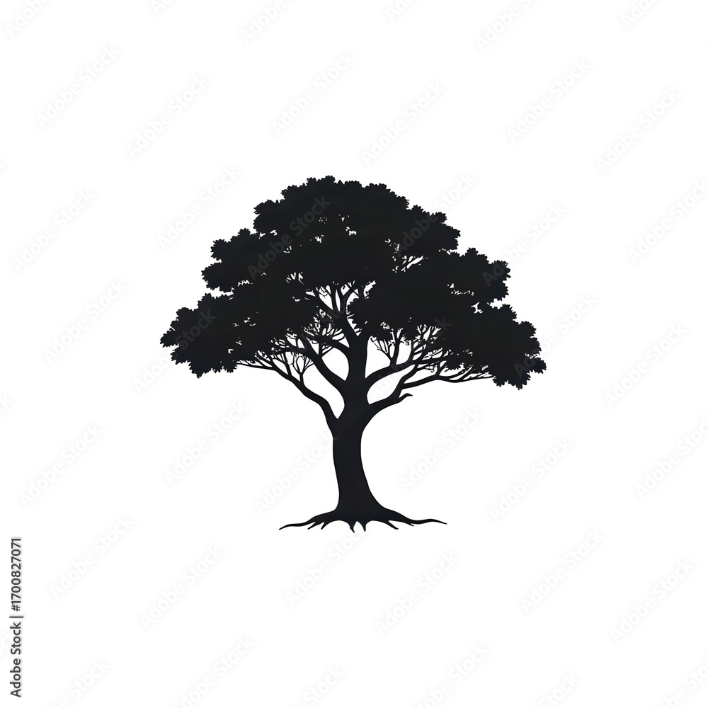 Fototapeta premium Silhouette of a majestic spreading tree with visible roots on a white background