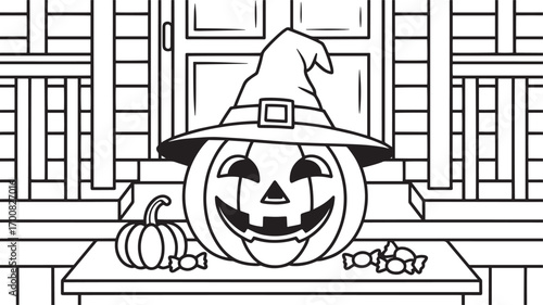 Halloween Pumpkin with Witch Hat on Porch Outline Illustration for Coloring and Decoration