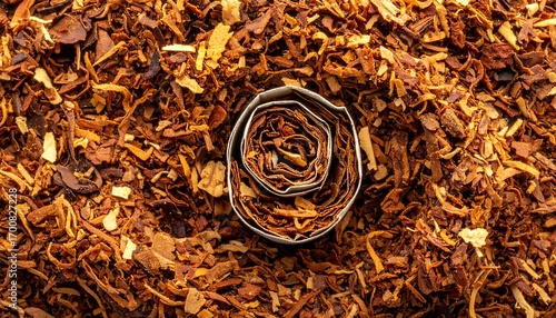 Rolled tobacco leaf nestled within a bed of finely ground tobacco.
