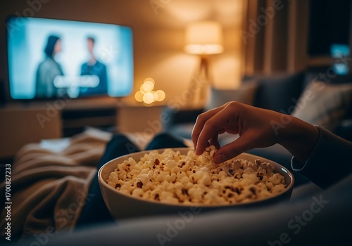 Hand reaching into popcorn bowl watching tv cozy night at home entertainment