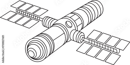 Isometric Outline Vector Illustration of a Space Station with Solar Panels and Modules