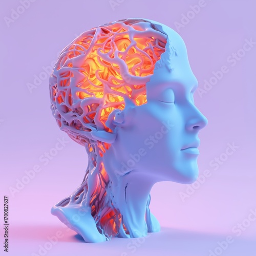 Abstract look into the human mind with female head showing glowing, creative brain network