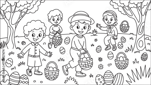 Joyful Children's Outing Awaits Coloring Fun with Easter Eggs and Baskets in a Sunny Landscape
