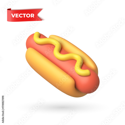 3D vector cartoon hot dog with mustard