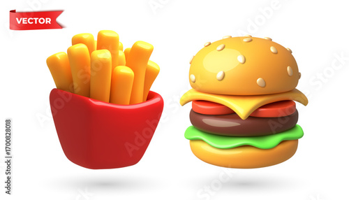 Delicious 3D vector Cartoon Burger and Fries