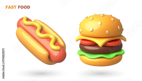 Delicious 3D Cartoon vector Fast Food Hot Dog and Cheeseburger