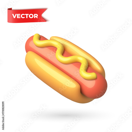 3D vector cartoon hot dog with mustard