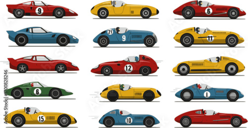 Vector retro race cars isolated on white background. Vintage race cars, flat cartoon design
