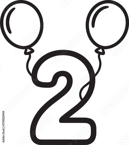 Number Two with Balloons Outline Illustration on Transparent Background for Designs