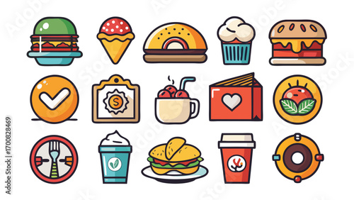 A cartoon illustration of a set of colorful Easter eggs in the shape of various fast food and dessert items like a hamburger, pizza, and cake