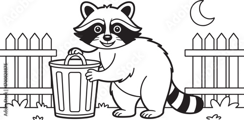 Raccoon with Trash Can Vector Illustration in a Backyard with Fence and Moon Outline