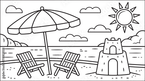 Serene Beach Scene with Umbrella, Chairs, Sandcastle, Sun, and Clouds in Black and White Outline