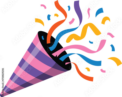 Party Popper Exploding With Colorful Confetti and Streamers on White Background celebration