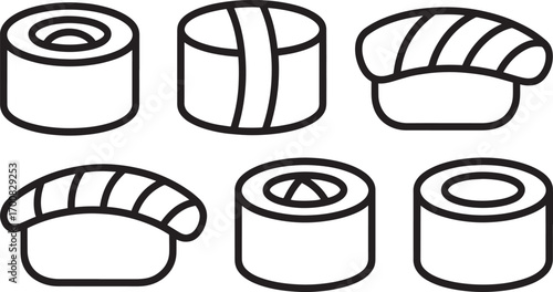 Simple Outline Vector Illustration of Sushi Rolls and Nigiri on a Transparent Backdrop